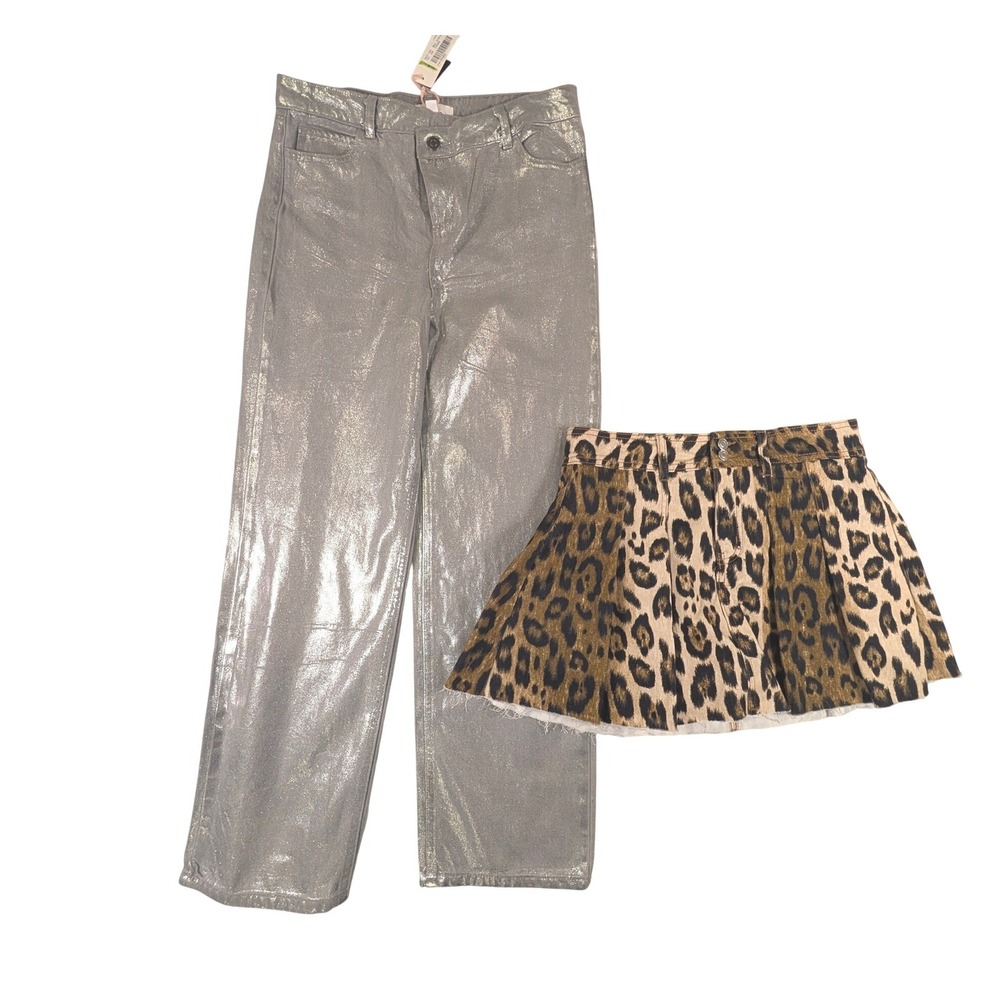 GB Girls Metallic Silver Pants and Leopard Print Pleated Skort DenimSize 16